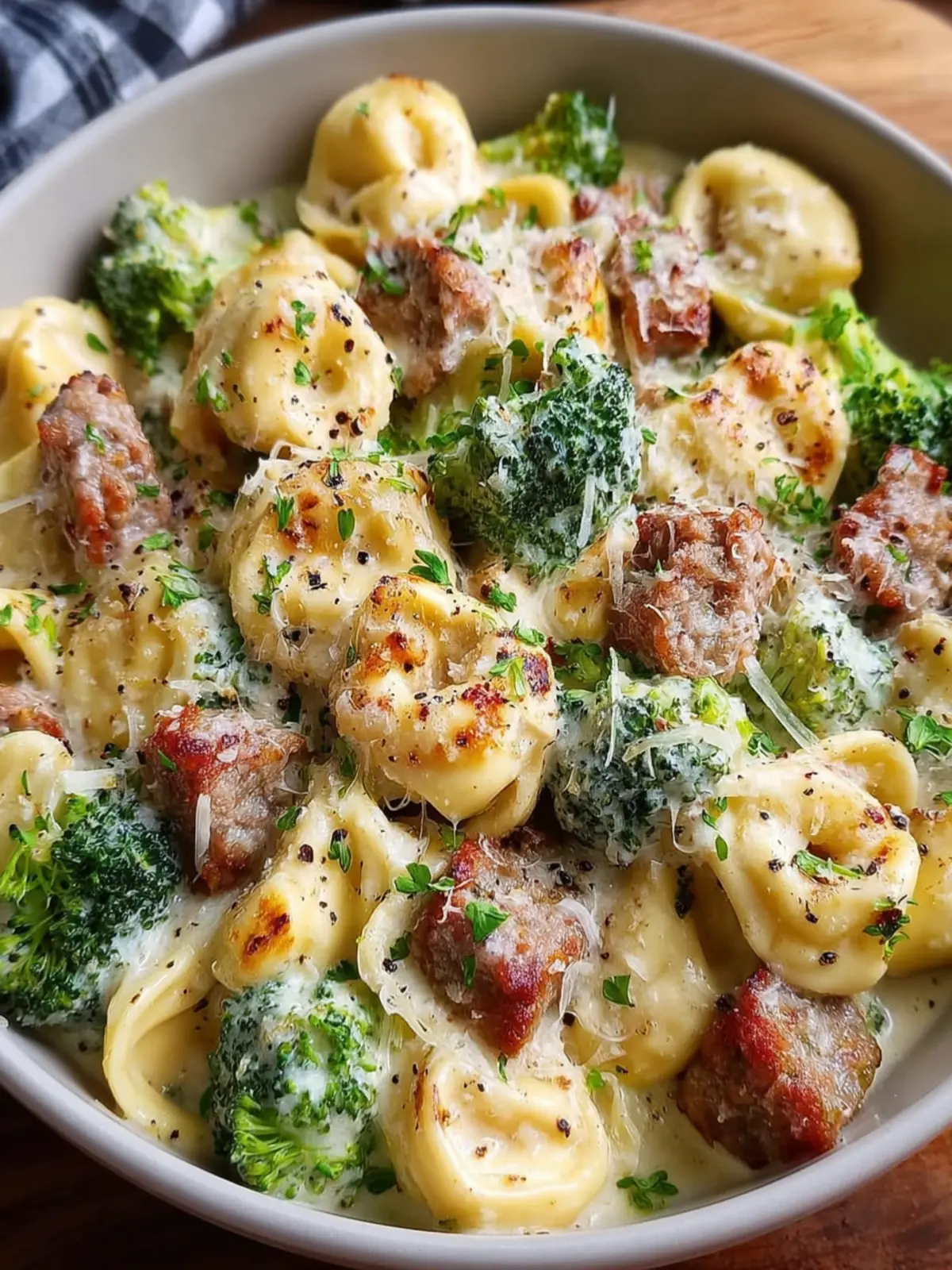 Garlic Parmesan Tortellini with Sausage and Broccoli First Image