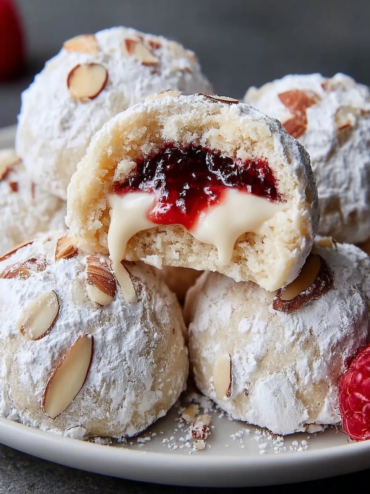 Raspberry Almond Snowball Cookies with Jam Filling – A Festive Classic with a Fruity Twist First Image