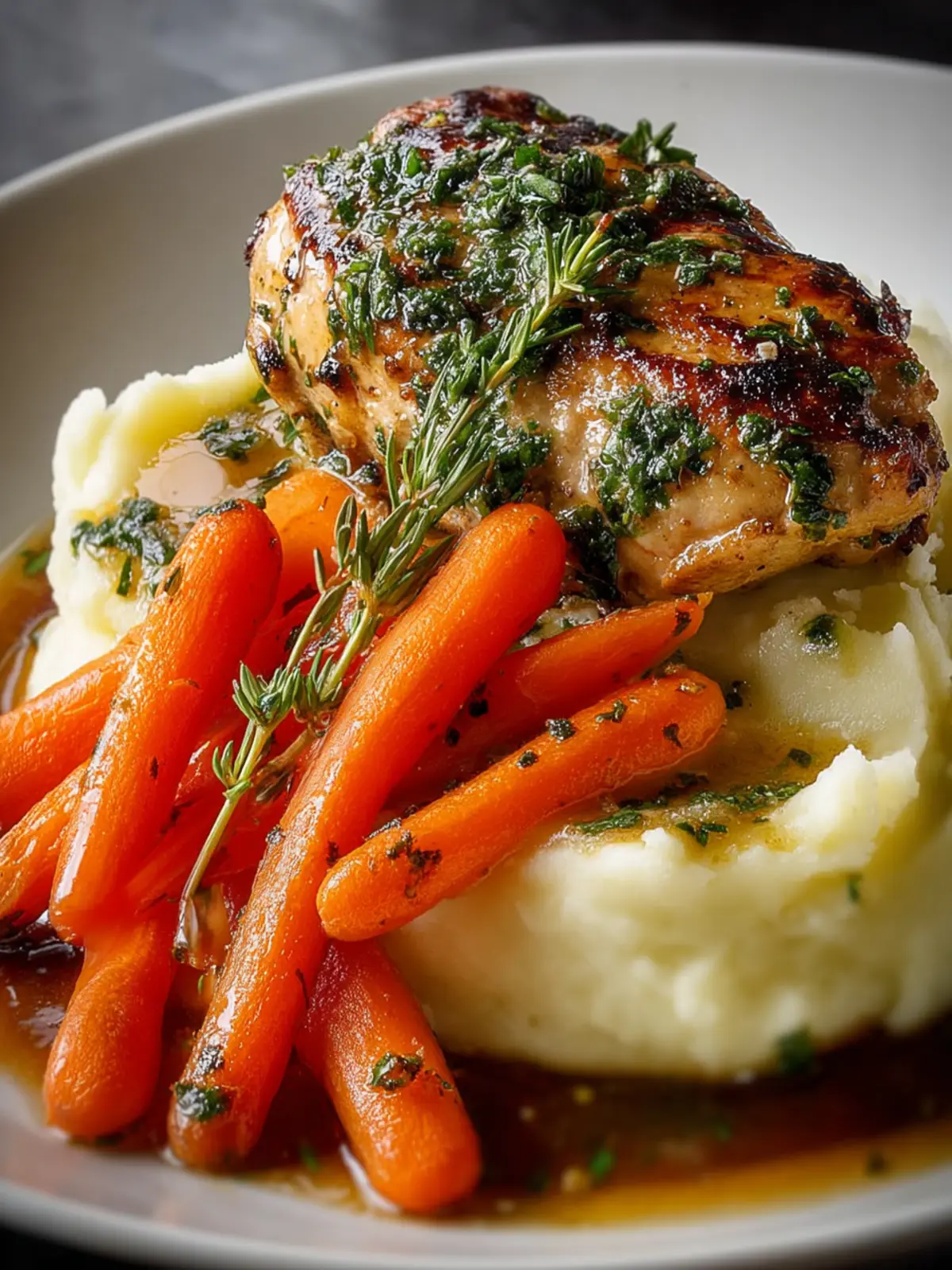Garlic Herb Chicken with Mashed Potatoes and Glazed Carrots First Image