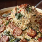 Creamy Spinach Artichoke Sausage Orzo Bake First Image