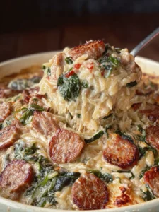 Creamy Spinach Artichoke Sausage Orzo Bake First Image